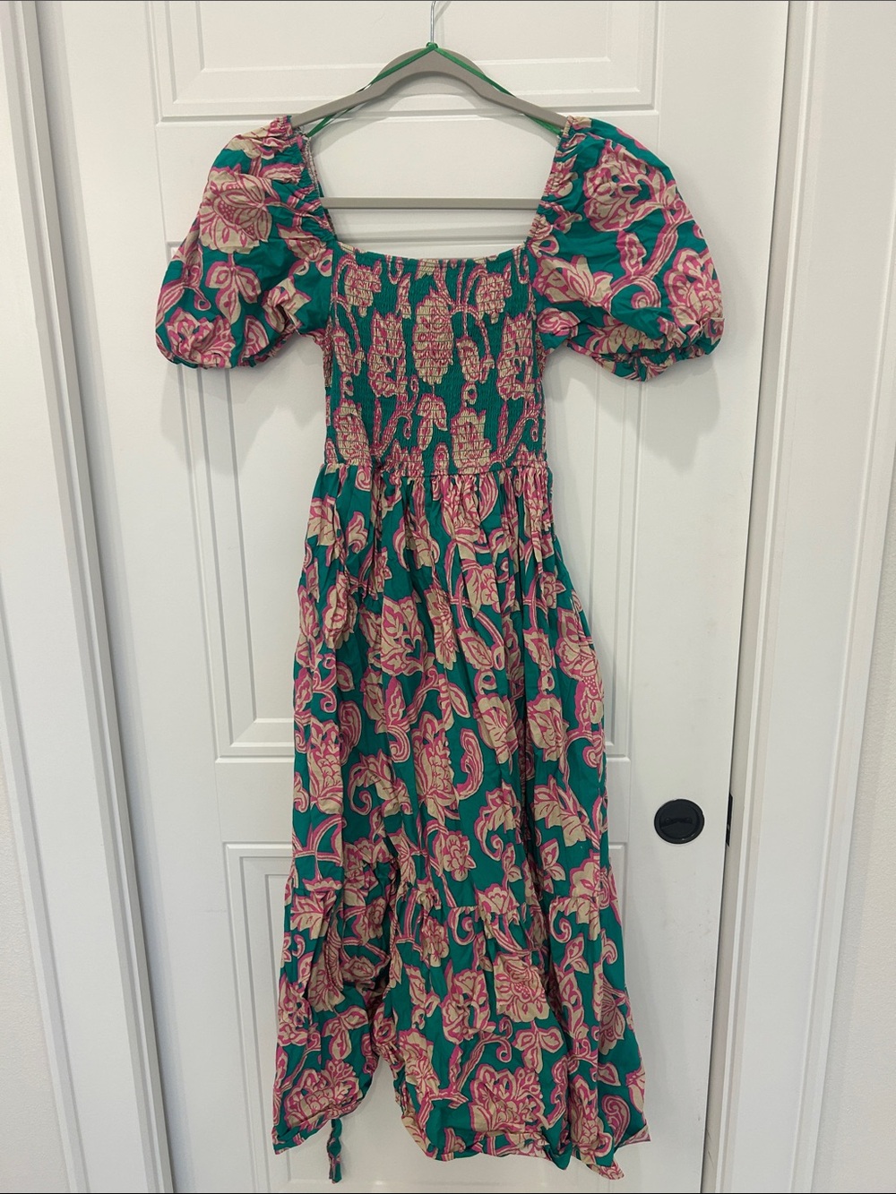 Flying Tomato Teal and Pink Floral Puff-Sleeve Maxi Dress